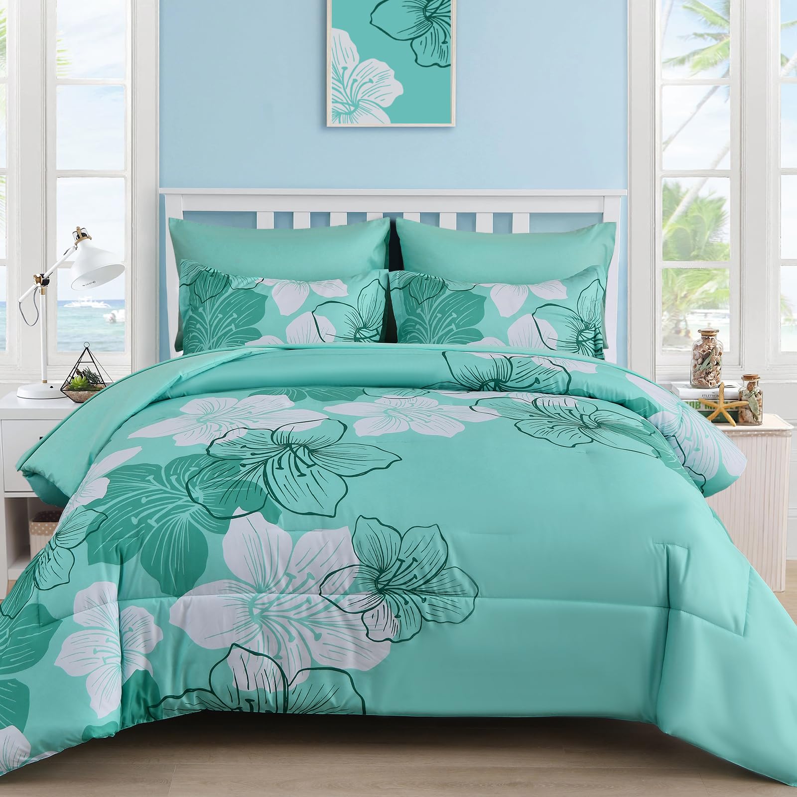 Luxudecor Floral Comforter Set Queen Size, 7 Pieces Bed In A Bag Aqua Floral Comforter And Sheet Set, Soft Microfiber Aqua Compl