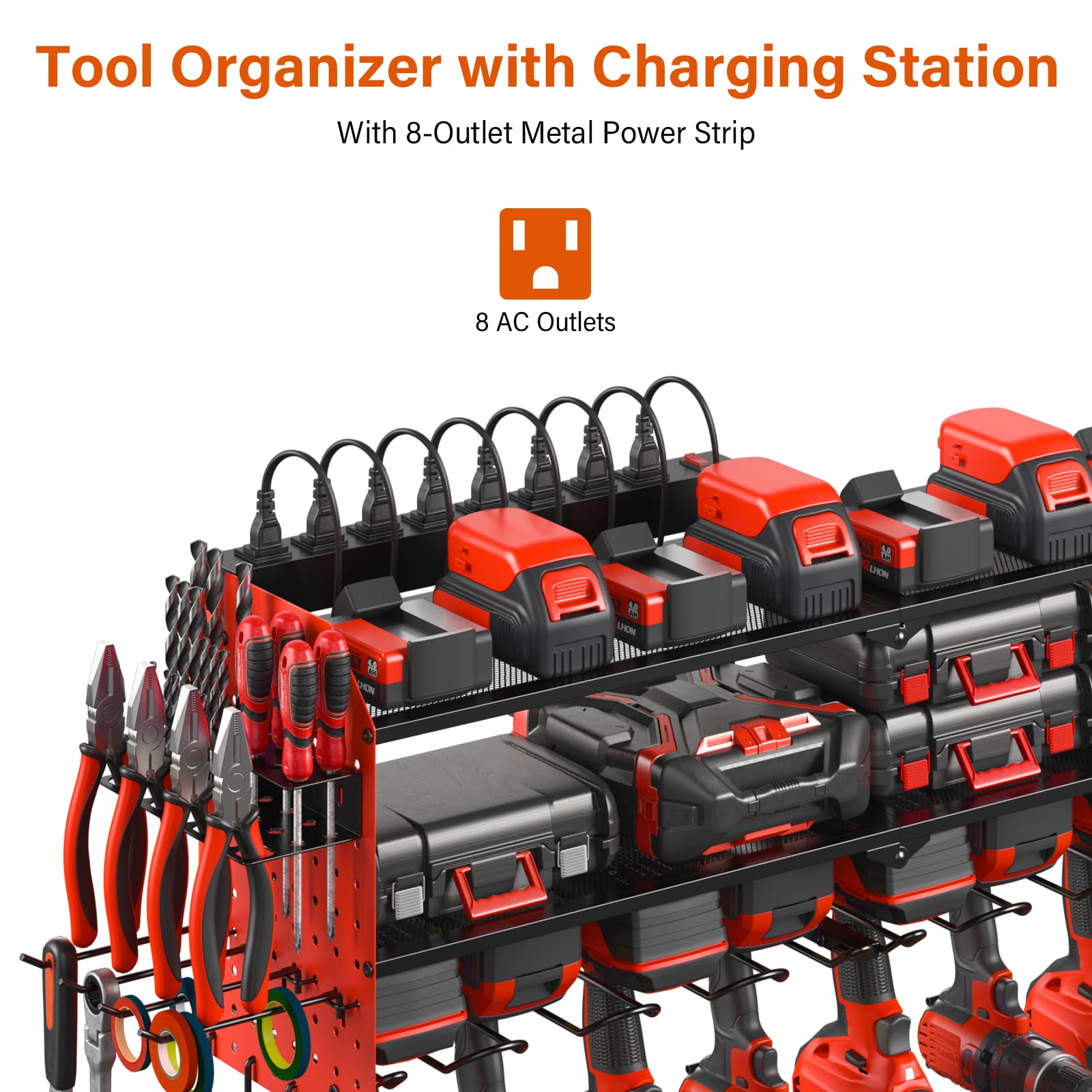 Junnuj Large Pegboard Power Tool Organizer With Charging Station, 8 Drills Driver And Tools Battery Holder Wall Mount With 8 Outlet Power Strip, Red 3-Layer Shop Garage Storage Utility Rack