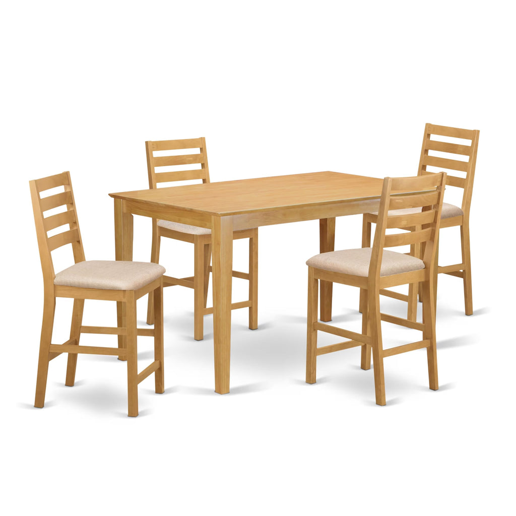 East West Furniture CACF5H-OAK-C 5 Piece Counter Height Dining Set Includes a Rectangle Kitchen Table and 4 Linen Fabric Upholstered Dining Chairs, 36x60 Inch, Oak