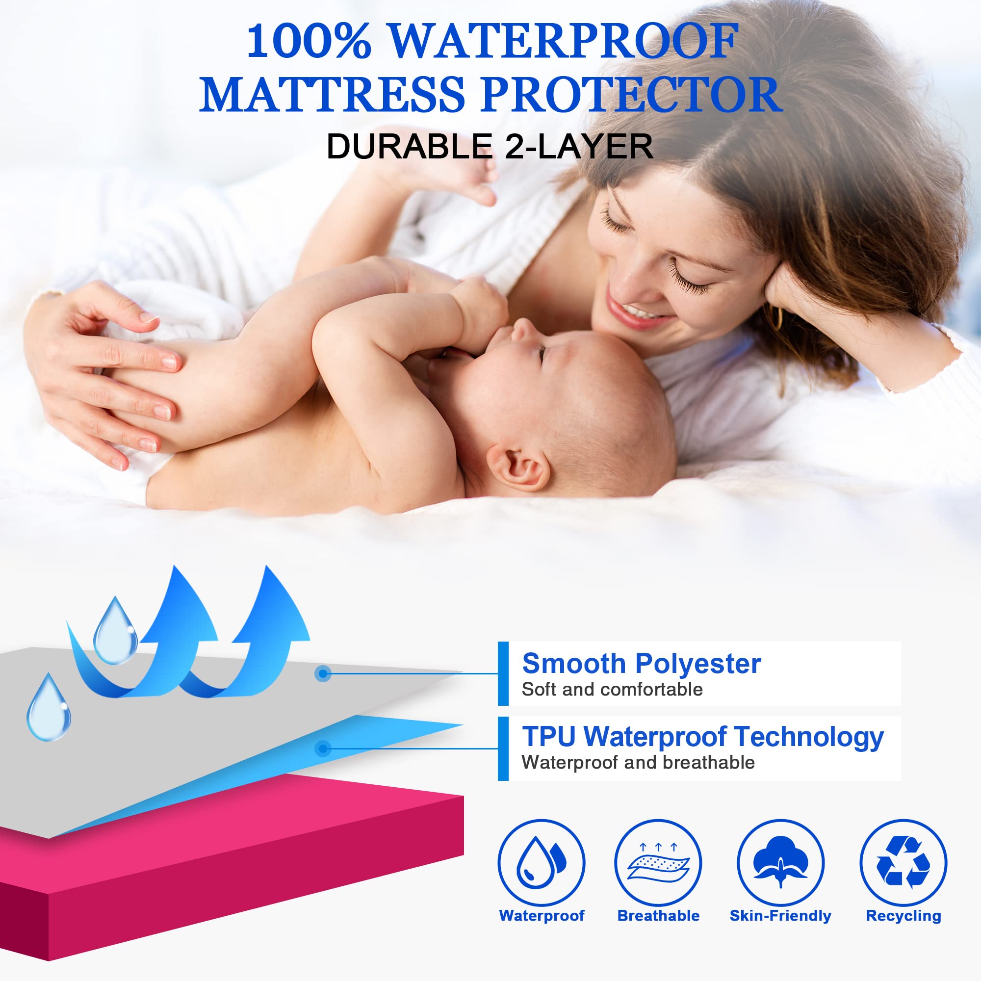 Sufdari Twin Mattress Protector Waterproof,Mattress Cover Twin Size For Bed,18' Deep Pocket Fitted Sheet Style Mattress Protector With Elastic Rubber Band-Deep Pink,Twin