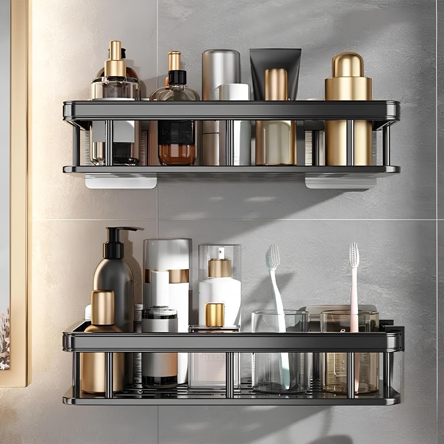 Pramanta SelfAdhesive Bathroom Corner Shelf Bathroom Rack Wall Mount Organizer Stand Aluminum Bathroom Organisers Storage Racks