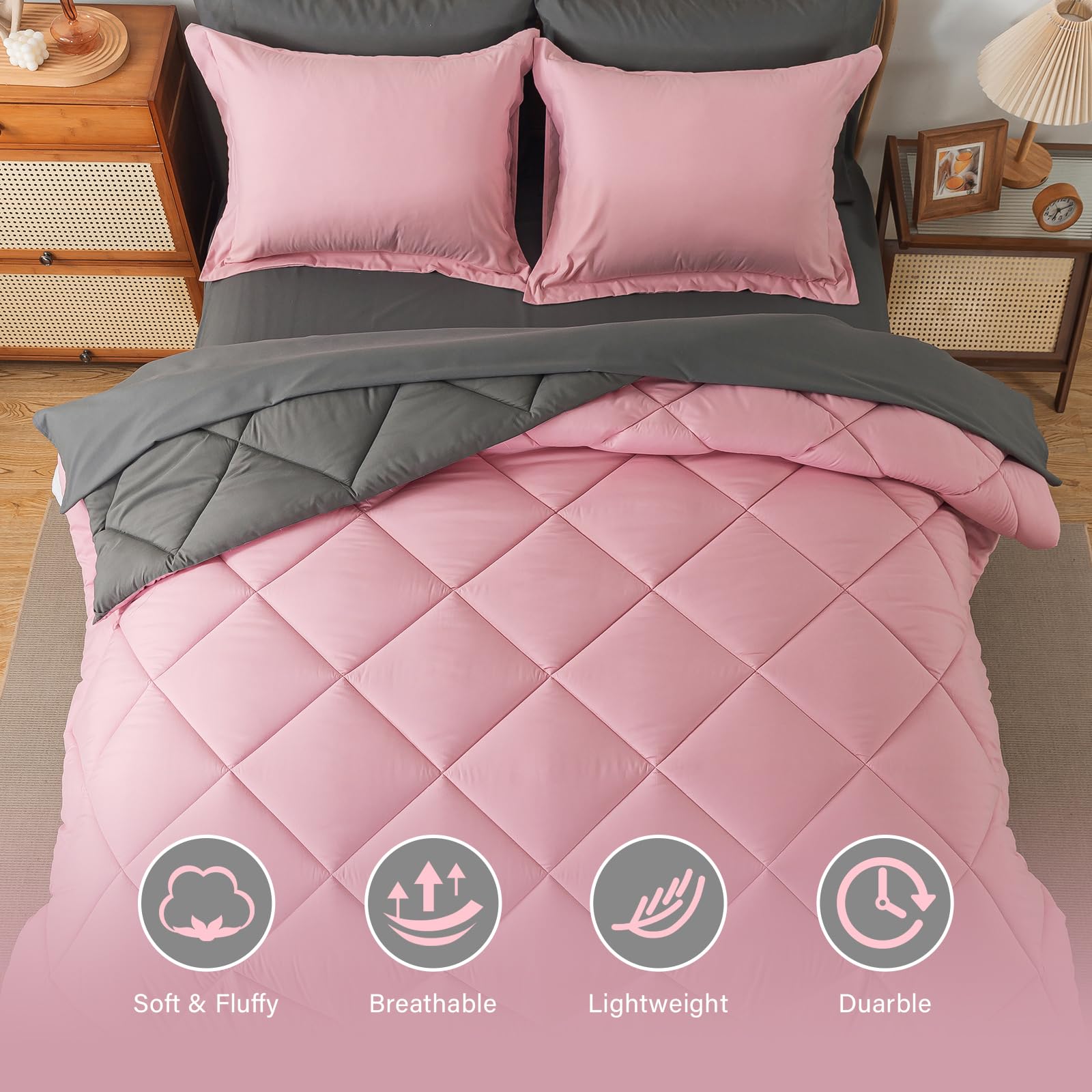 Cosybay Bed In A Bag King Comforter Sets 7Pcs All Season Solid Down Alternative Bedding Sets Pink And Grey With Comforter, Pillo