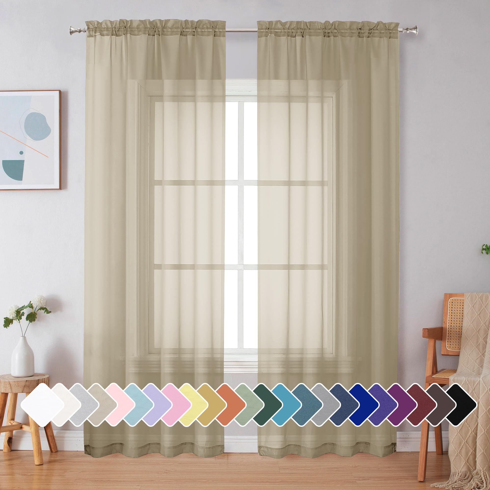 Simplebrand Taupe Sheer Curtains 90 Inches Long 2 Panels, Light Filtering Rod Pocket Solid Color Window Sheer Curtain Panels, El