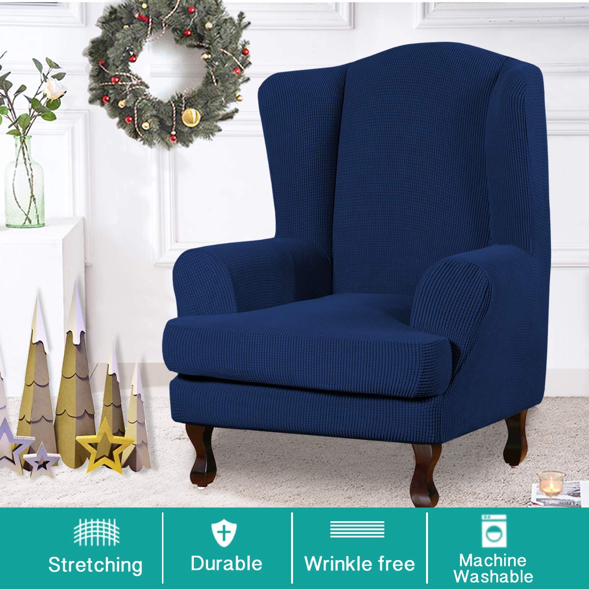 Turquoize Wingback?hair?overs 2 Piece?ing?hair?lipcover Stretch Slipcovers For Wingback Chairs Wing Chair Cover Spandex Jacquard Fabric With Elastic Bottom Non-Slip Furniture Cover, Navy