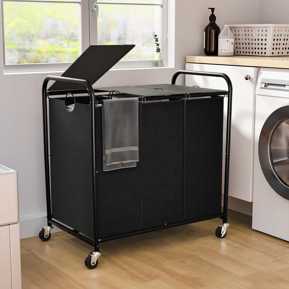 180L Laundry Sorter 3 Section, Rolling Laundry Basket with Wheels and Lid