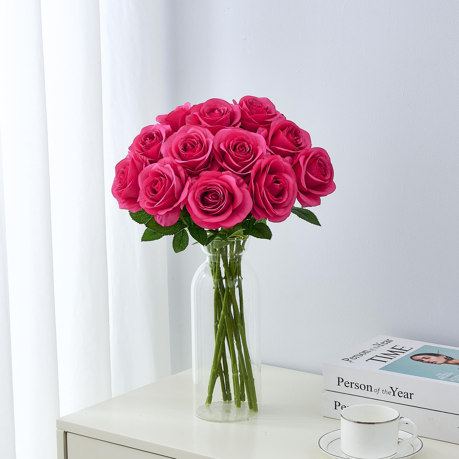 Helera 12Pc Hot Pink Roses Artificial Flowers Fake Roses Silk Roses Flowers With Long Stems For Wedding Home Party Centerpieces