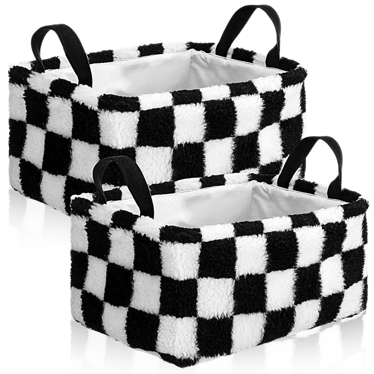 Yiyiring 2 Pcs Black and White Checkered Storage Baskets 14x10 Inch Foldable Fabric Storage Bin with Handle Decorative Closet Bi