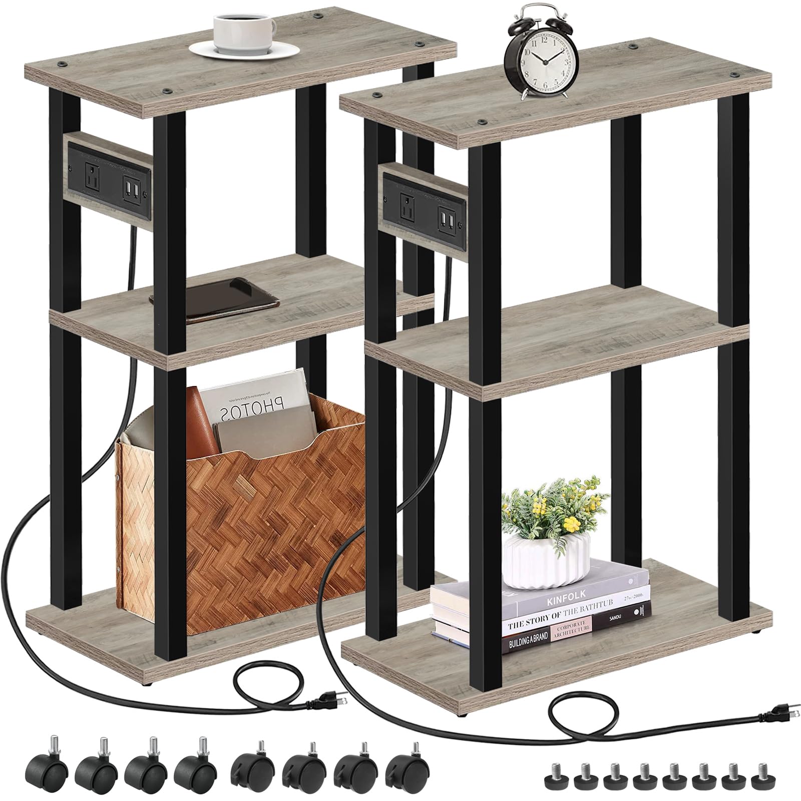 Tutotak Small Narrow Side Table With Charging Station, Set Of 2 Skinny End Table For Small Spaces, Slim Nightstand With Usb Ports And Outlet,Sofa Beside Table With Wheels, Greige Tb01Bg047