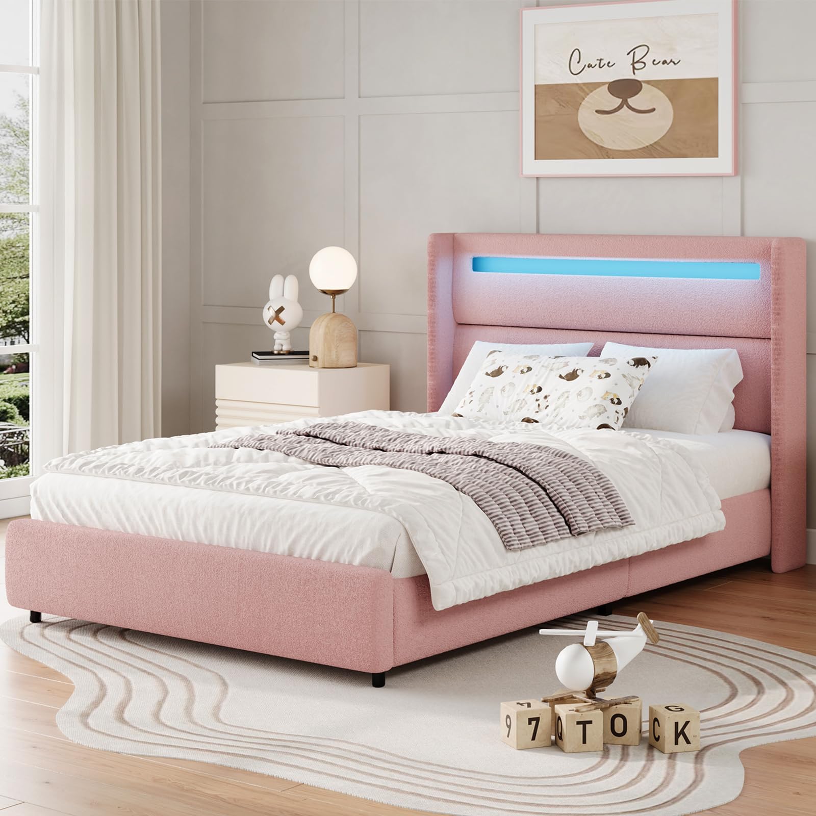 Hombck Twin Bed Frame With Led Lights, Boucle Upholstered Platform Bed With Wingback Headboard, Modern Soft Bed Frame, No Box Sp