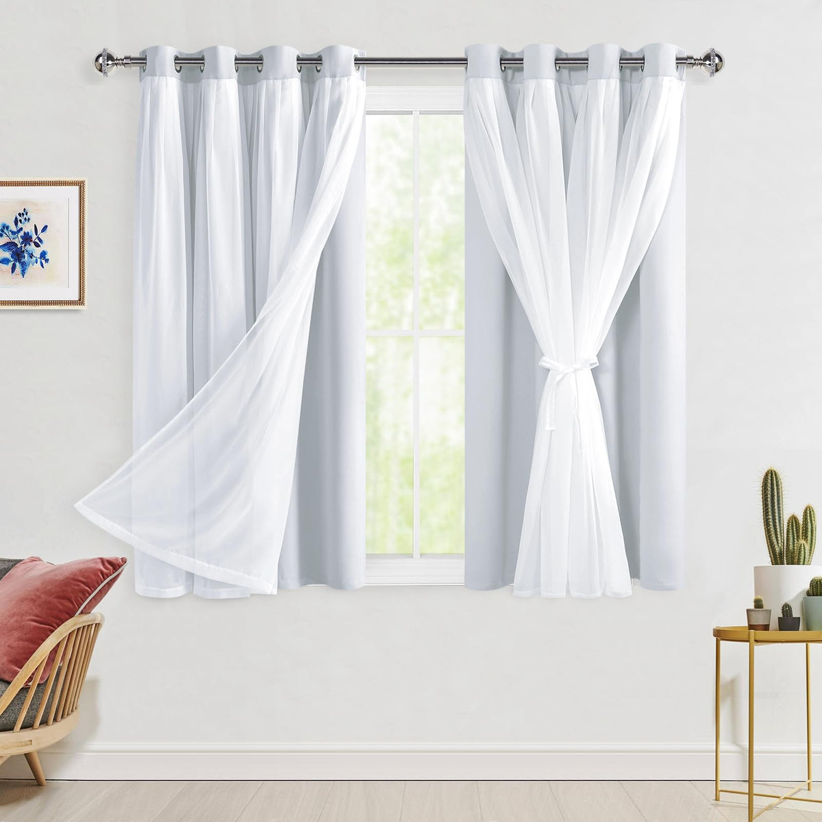 Hiasan Greyish White Blackout Curtains with Sheer Overlay, Grommet Thermal Insulated Mix & Match Double Layer Window Curtains fo