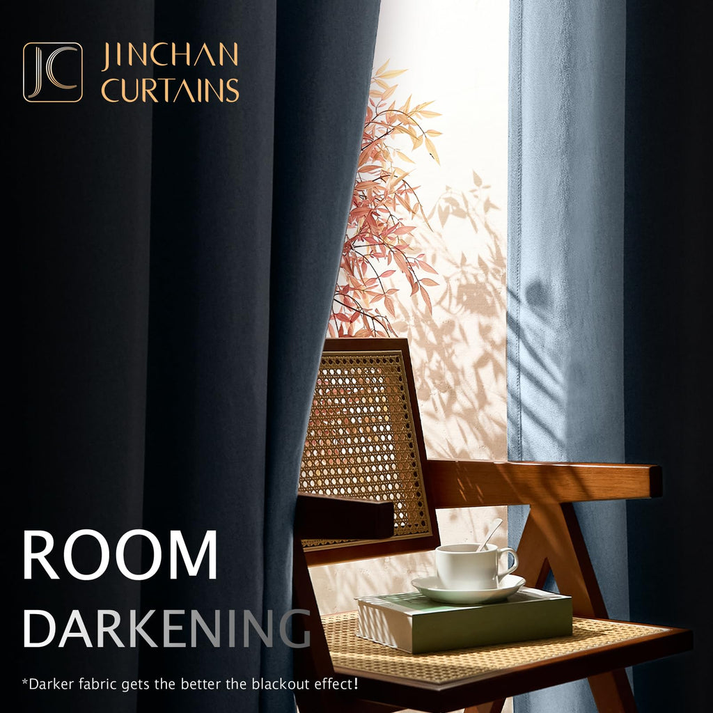 Jinchan Linen Textured 75% Blackout Curtain 96 Inch Length For Living Room Darkening Blue Bedroom Curtain Thermal Insulated Grommet Top Blue 1 Panel Window Curtain Drape