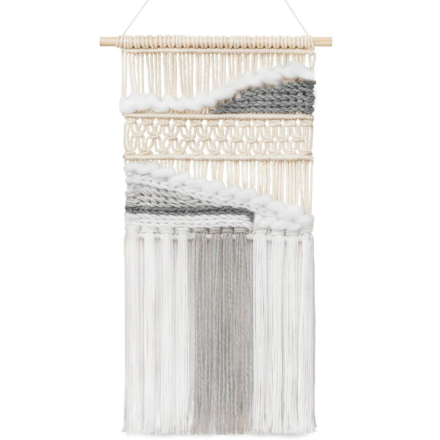 Mkono Macrame Wall Hanging Woven Boho Decor Gray Yarn Fringe Tassel Handmade Home Decoration for Bedroom Living Room Dorm Nurser