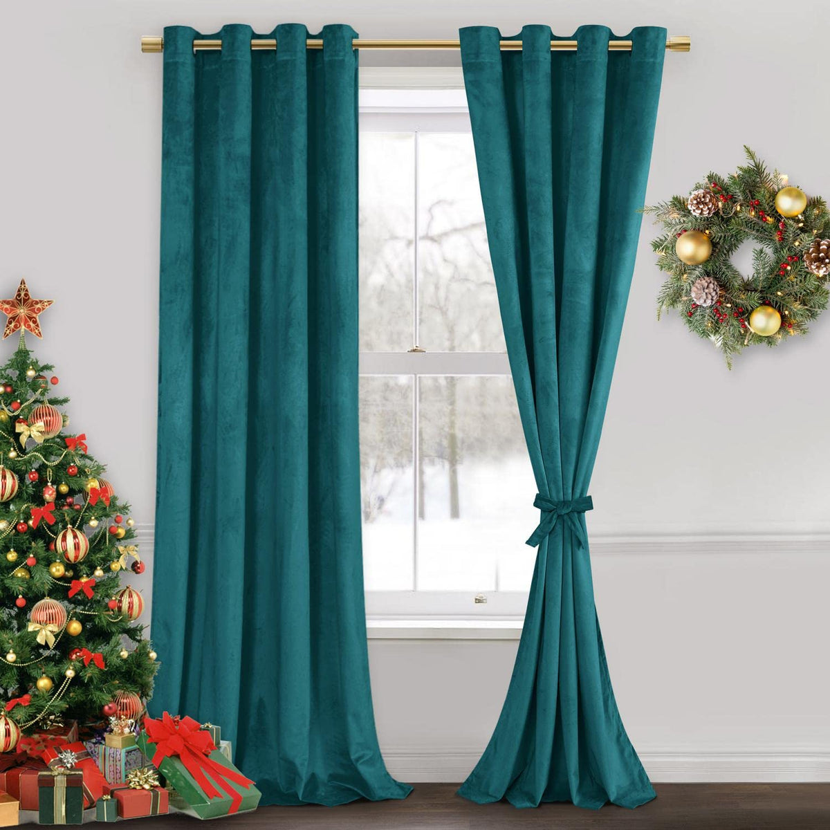 Jiuzhen Teal Velvet Curtains 108 Inches - Soft Retro Velvet Blackout Grommet Curtains Thermal Insulated Noise Reducing Window Dr