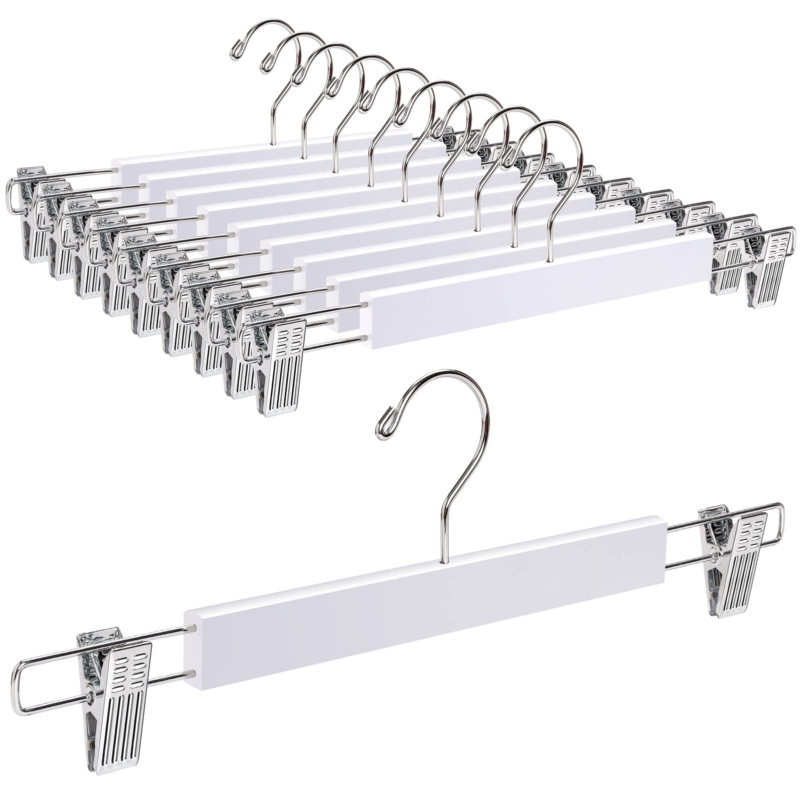 Amber Home 14.17 Solid White Wooden Pant Skirt Hangers 10 Pack, Bottom Hangers for Slacks Trousers Jeans with 2-Adjustable Anti-
