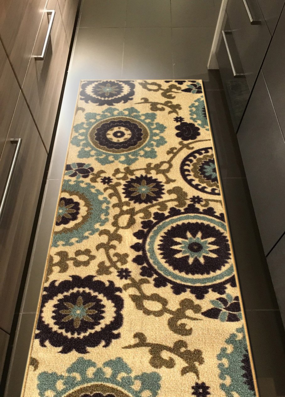 Kapaqua Rubber Backed 20' X 59' Floral Swirl Medallion Beige Multicolor Runner Non-Slip Rug - Rana Collection Kitchen Dining L