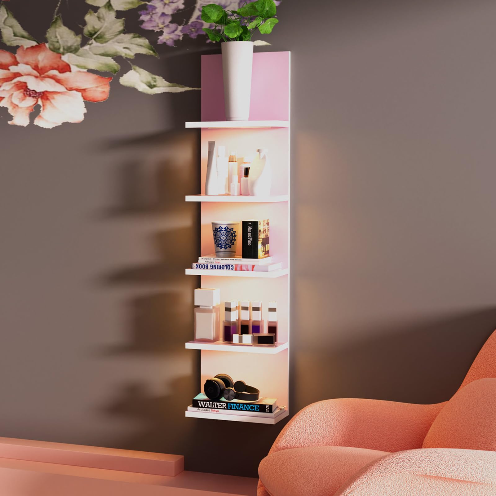 Bloddream 5 Tier Wall Shelves with LED Light, Vertical Column Shelf Floating Storage Home Decor Organizer Tall Tower Design Util