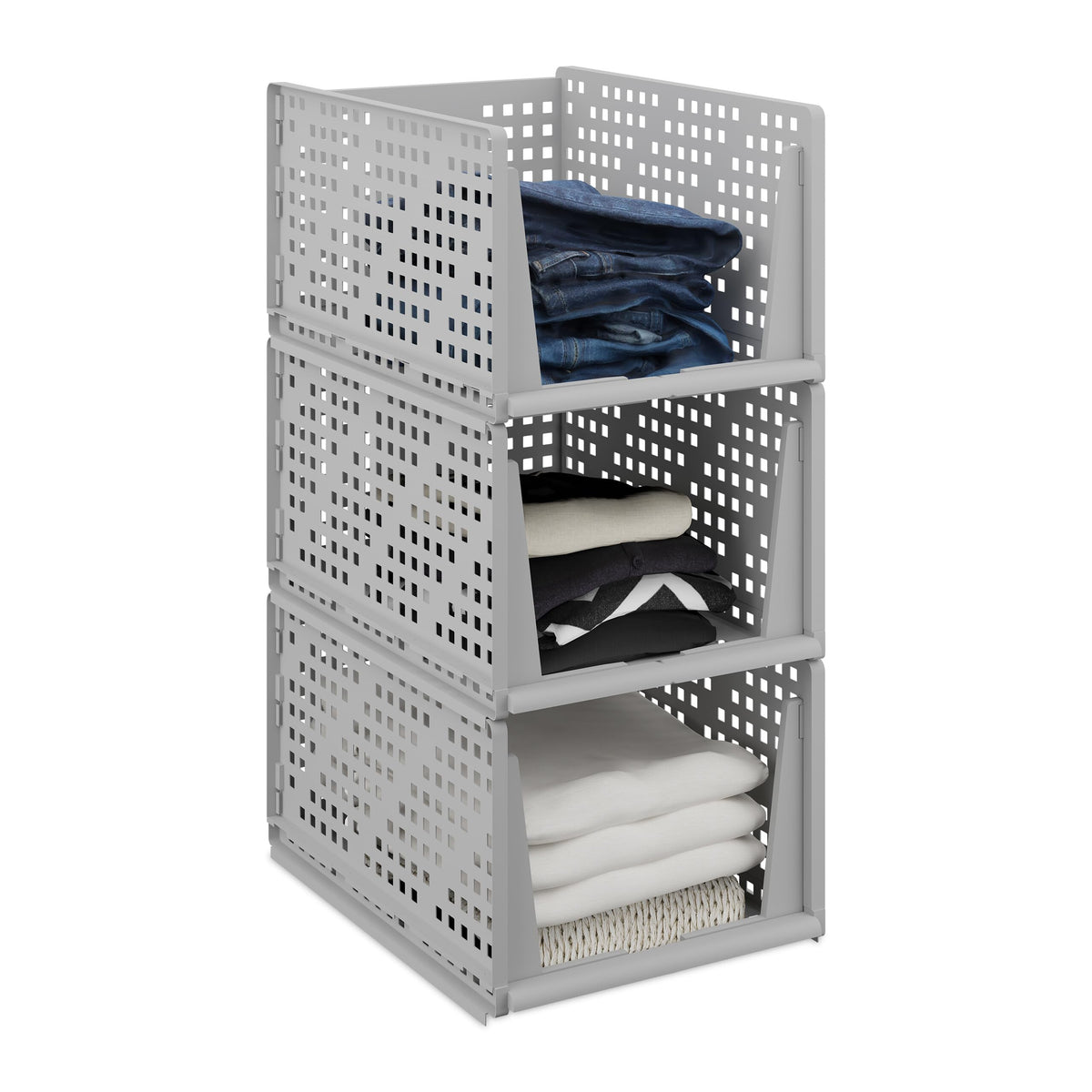 Relaxdays Wardrobe Organiser, Set of 3, Stackable Wardrobe Storage Boxes, 24.5 x 33.5 x 43.5 cm, Extendable, Grey