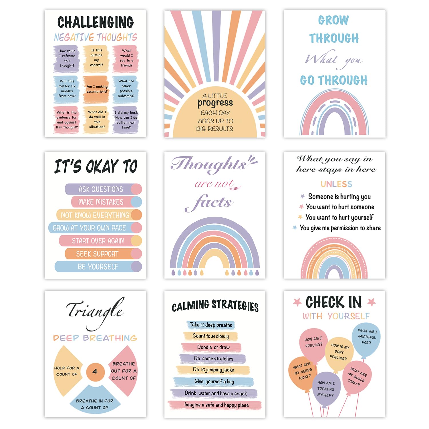 9 Pcs Mental Health Posters Therapy Offices Decor, Positive Psychology Educational Poster, Inspirational Emotion Coping Skill Wa