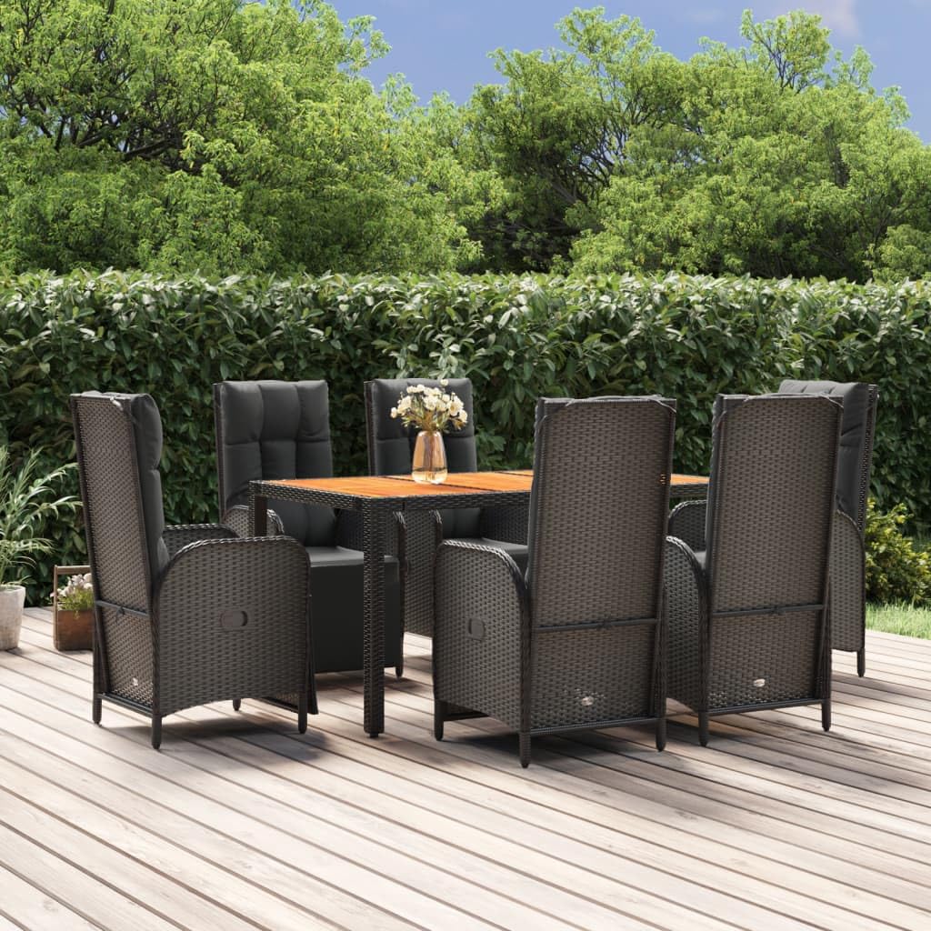 vidaXL 7 Piece Black Poly Rattan Patio Dining Lounge Set with Cushions, Solid Acacia Wood Tabletop - Modern Style Outdoor Furniture