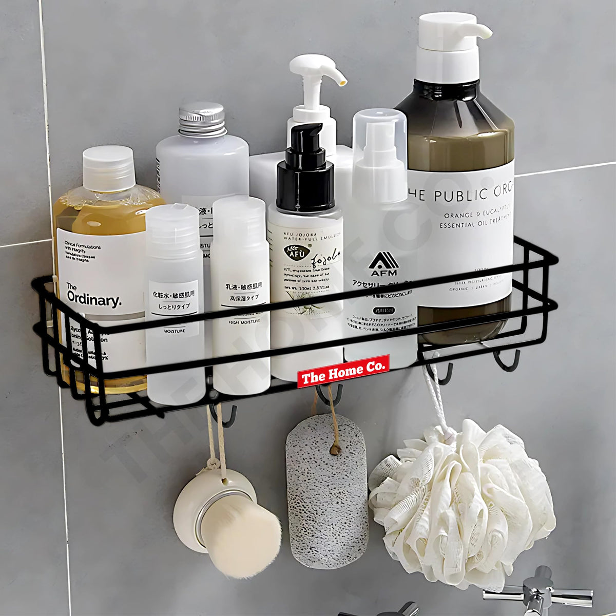 The Home Co. No Drilling Self Adhesive Bathroom Shelf with 4 Hooks/Rack Organizer/Kitchen Shelf with Magic Stickers  Pack of 1