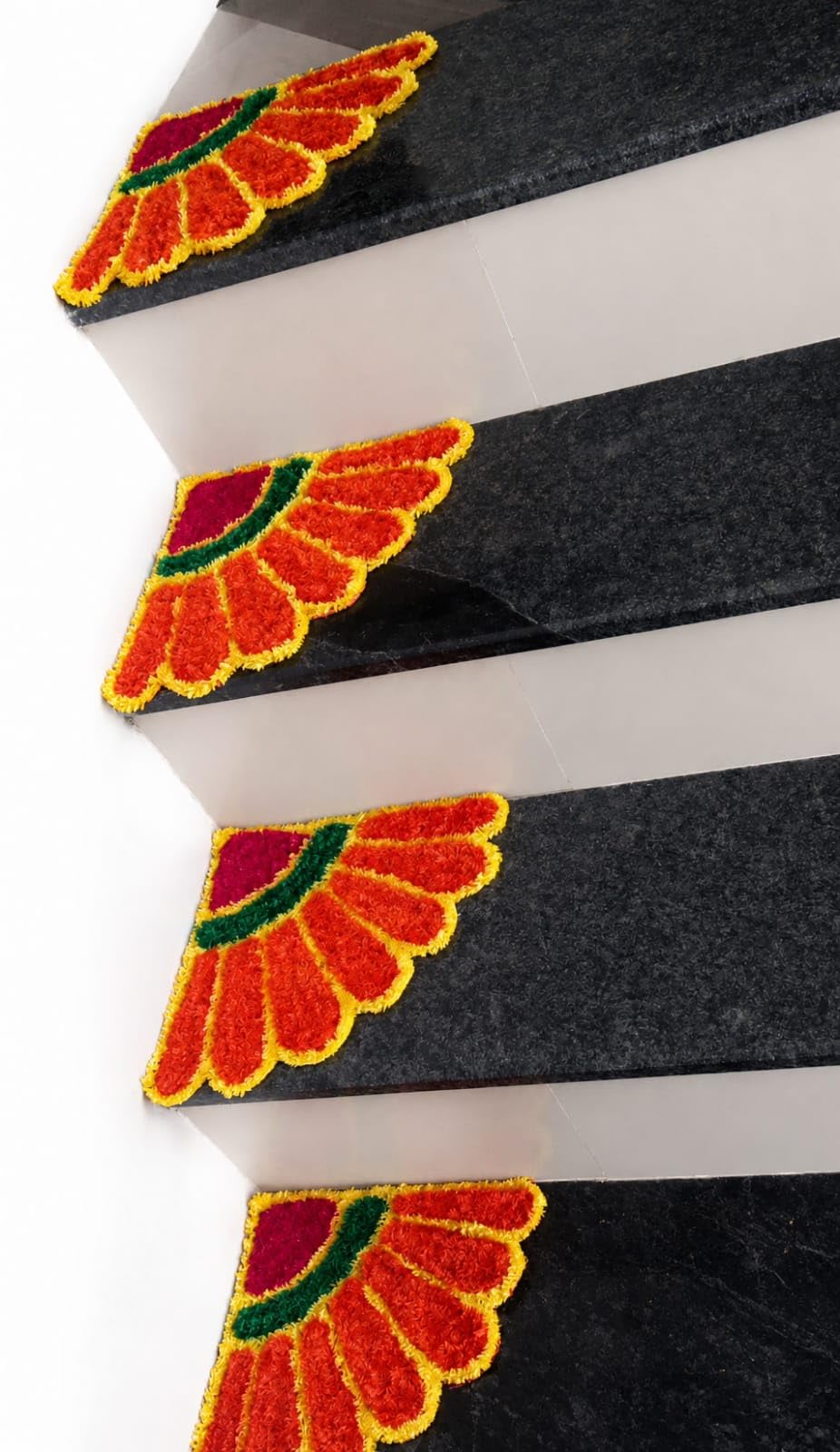 Floral Stair Corner Mats, Orange & Yellow Multicolour Design, Pack of 4