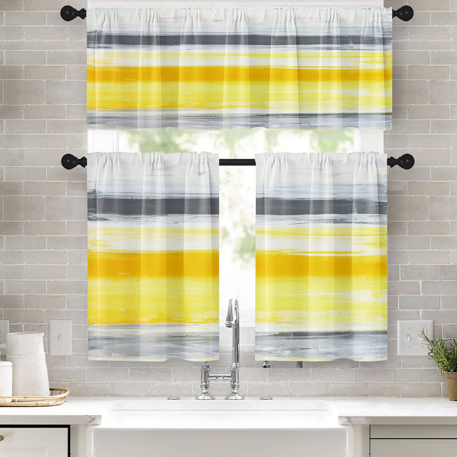 Tayney Yellow Grey White Kitchen Curtains Stripes Window Curtains Valance And Tier Set, Abstract Painting Art Rod Pocket Short T