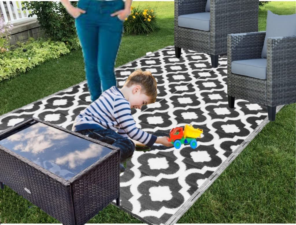 Balajeesusa Outdoor Rug - 5X7 Black, Reversible Recycled Plastic Straw Outdoor Patio Rugs Clearance Waterproof Large Rv Camper R