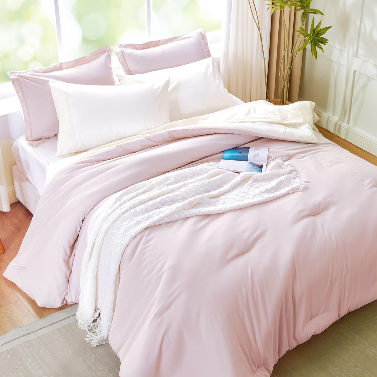 Kozyhvn Full Size Comforter Sets For Girls, Pink And White Comforter Reversible, 7 Pieces Soft Bed In A Bag Full With Comforter,