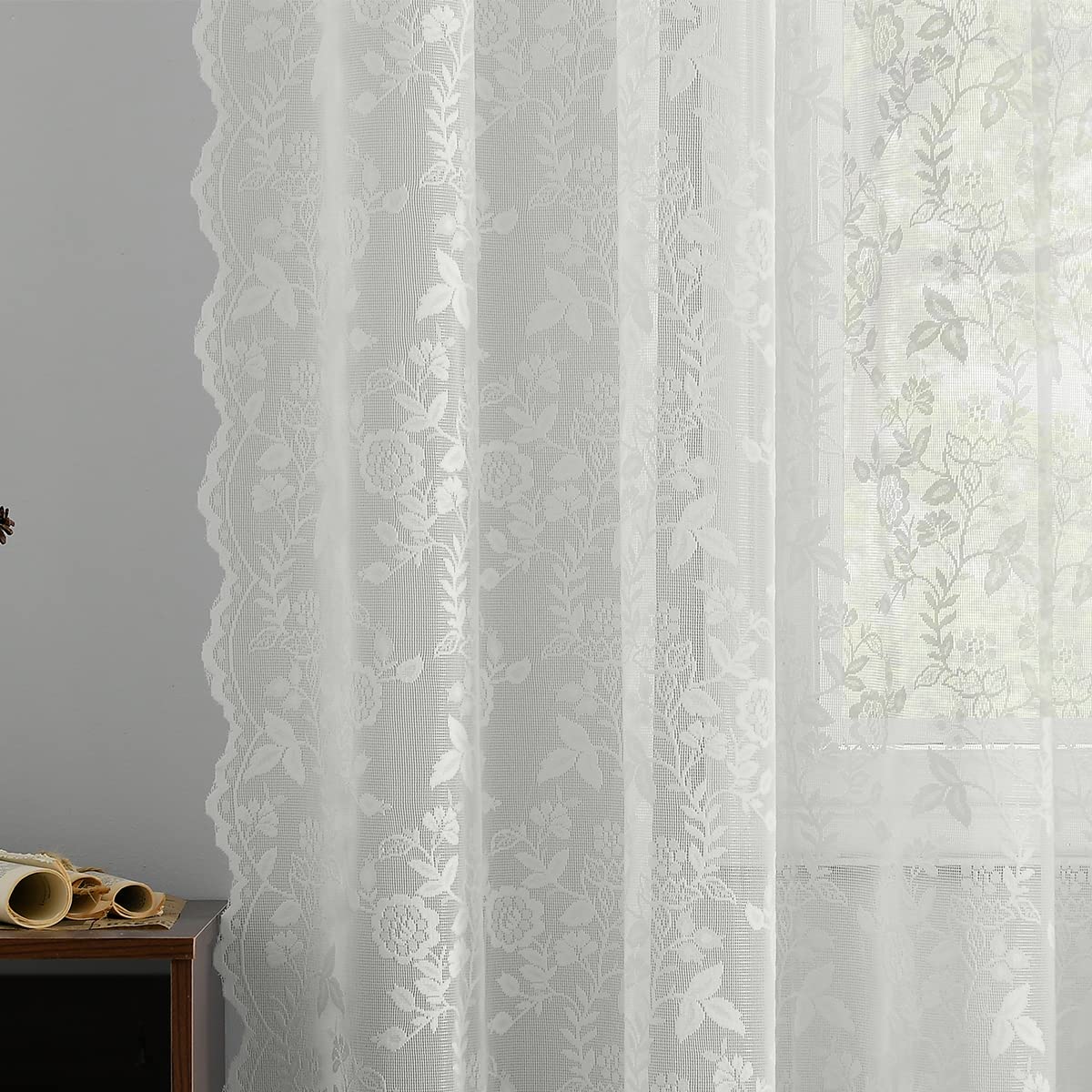 Finecity Lace Curtains 108 Inch Length, Vintage Country Floral Sheer Lace Curtains For Living Room, Rod Pocket Privacy Scalloped