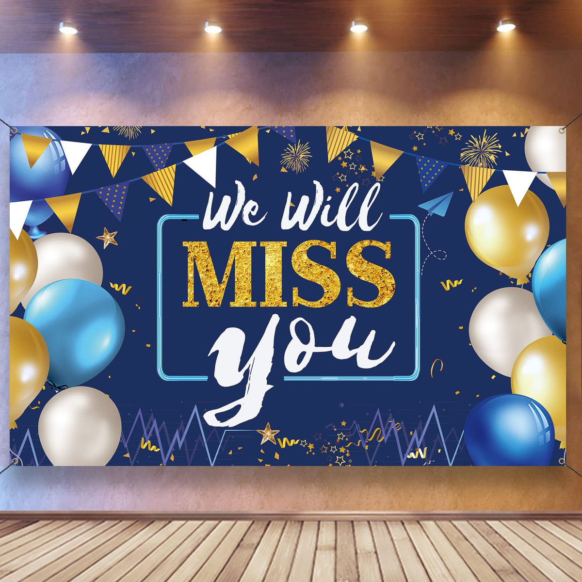 We Will Miss You Decorations Banner Backdrop, Going Away Party Decorations, Blue Gold Backdrop for Retirement Party Decoration, 