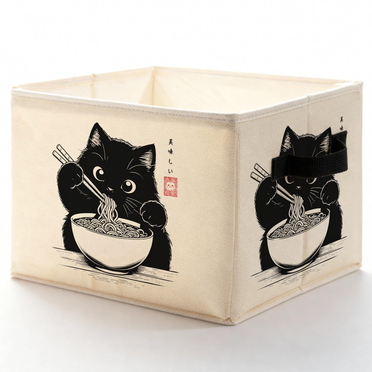 ADWHNHJY Japanese Black Cat Storage Bins with Handles, Whimsical Black Cat Eating Ramen Collapsible Storage Box Basket Books Clo