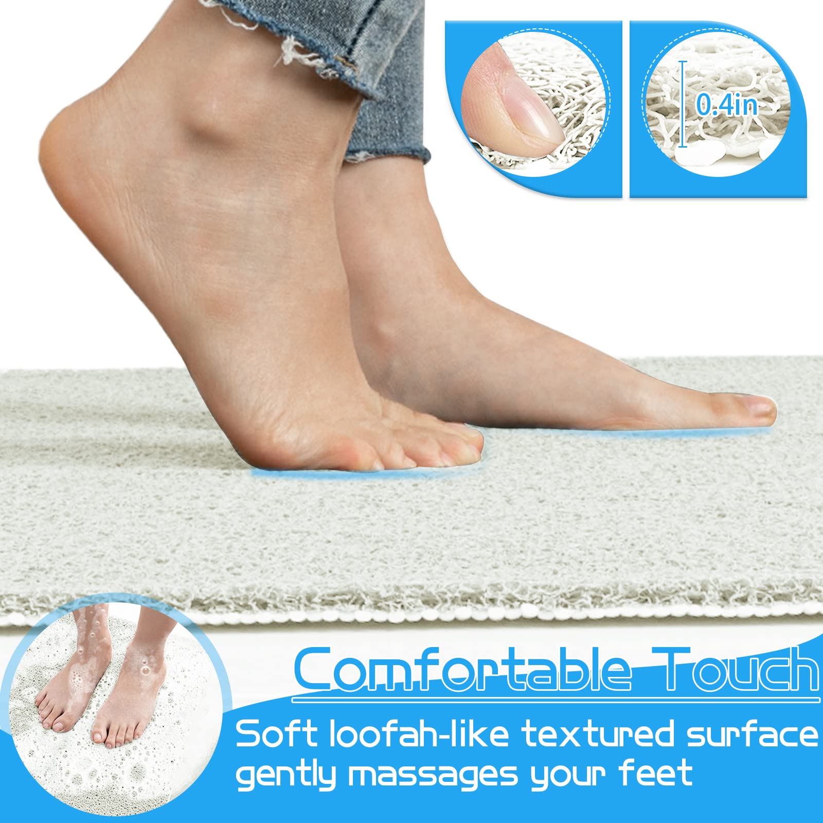 Oxtail Bathtub Mat Non Slip Shower Mat Soft Pvc Loofah Bath Tub Mats For Bathroom 16''X40'', White