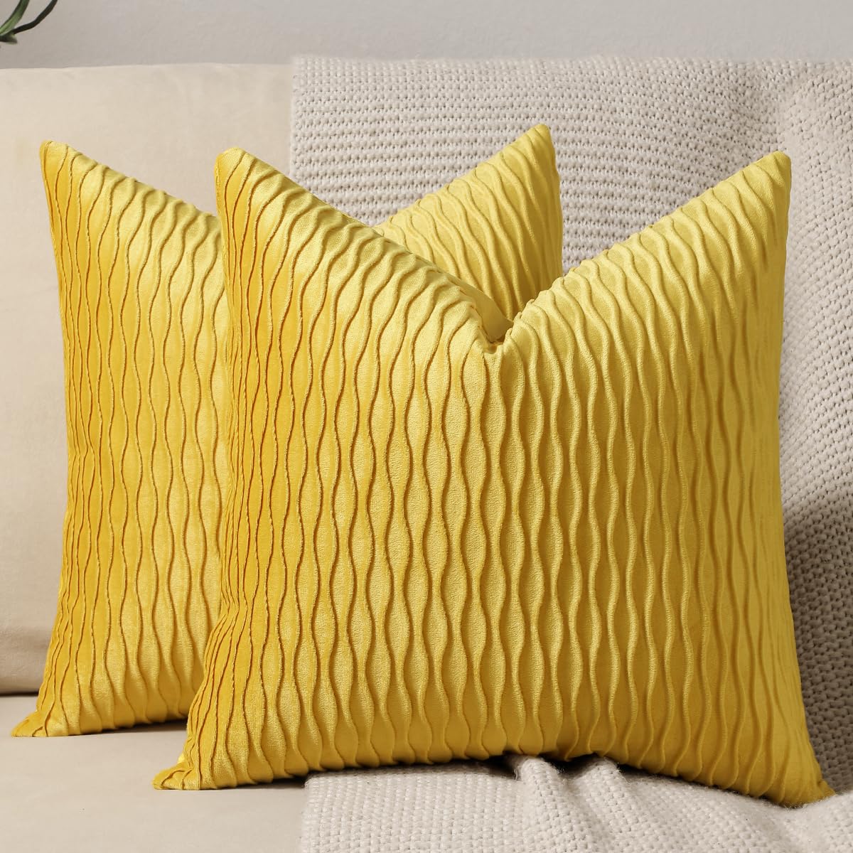 Dezene Mustard Yellow Couch Pillow Covers: 2 Pack 20X20 Inch Original Striped Velvet Square Throw Pillow Cases For Farmhouse Hom