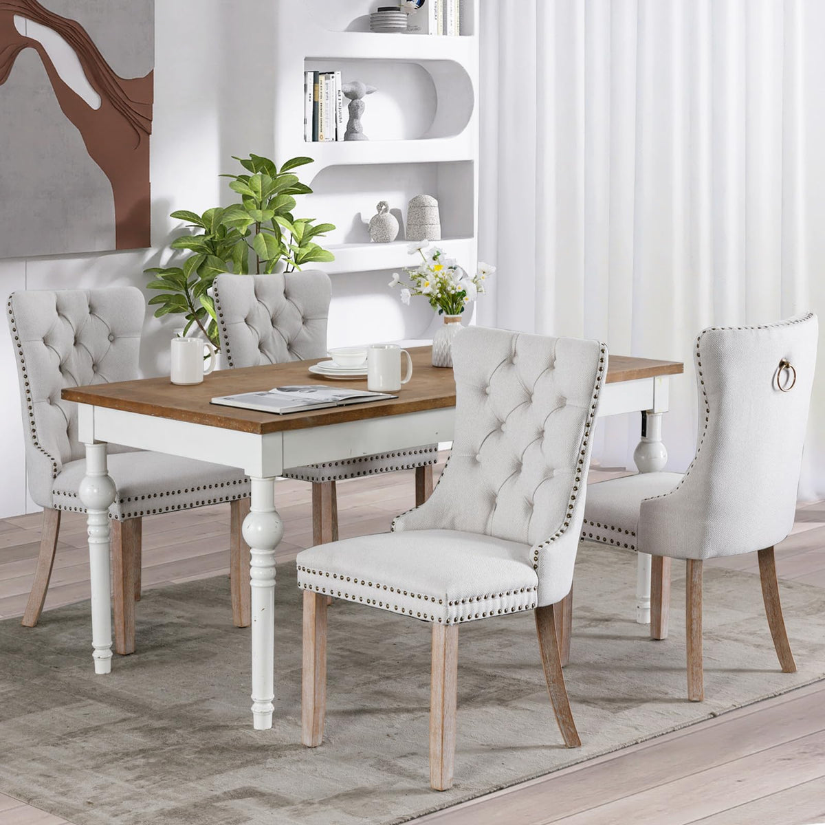 Soarflash Linen Fabric Dining Chair Set Of 4, Upholstered Tufted Dining Room Chair With Nailhead Trim And Solid Light Color Wood