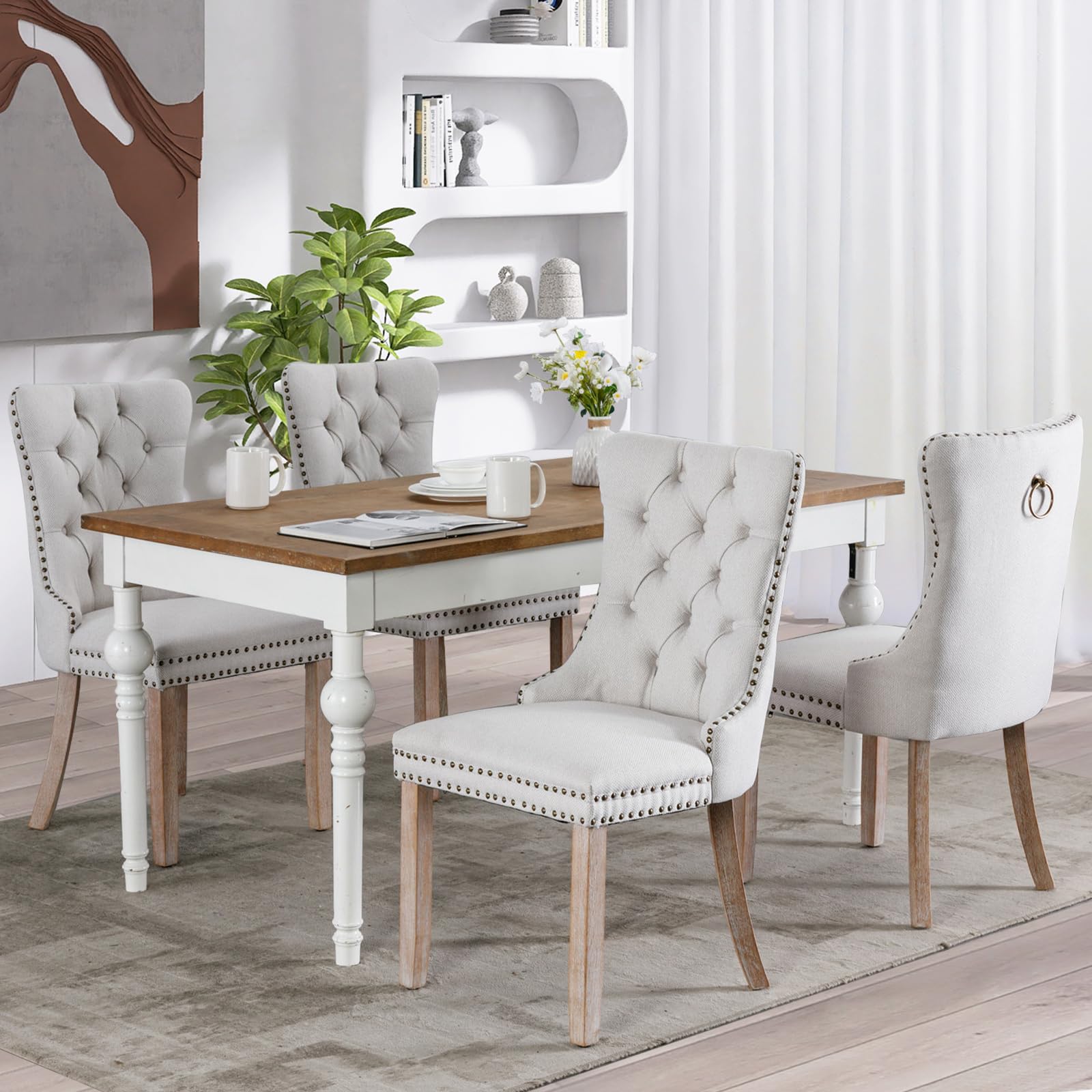 Soarflash Linen Fabric Dining Chair Set Of 4, Upholstered Tufted Dining Room Chair With Nailhead Trim And Solid Light Color Wood