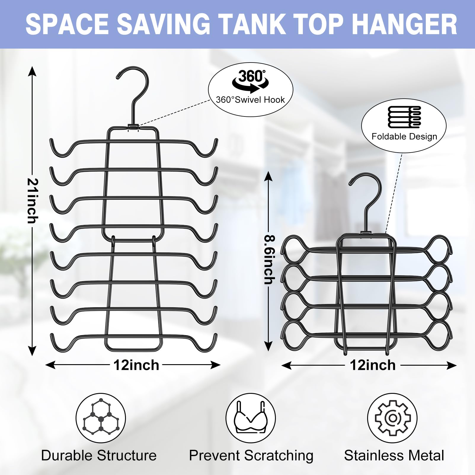 2Pcs Tank Top Hangers Space Saving Hanger Organizer Bra Hangers For Closet Organizer 360 Rotating Metal Closet Organizers And St