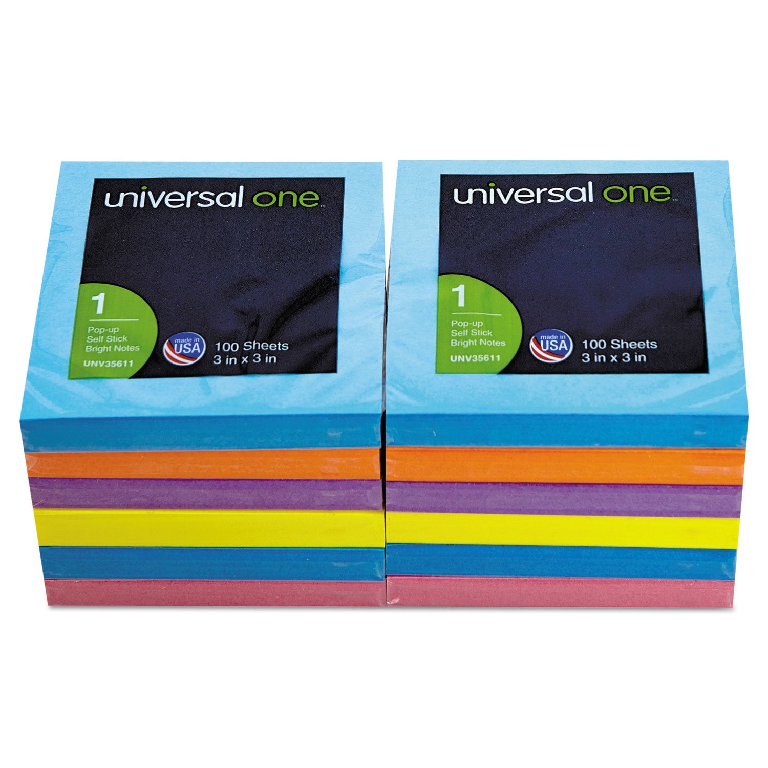 Universal 35611 Fan-Folded Pop-Up Notes, 3 X 3, Assorted Bright Colors, 100-Sheet, 12/Pack