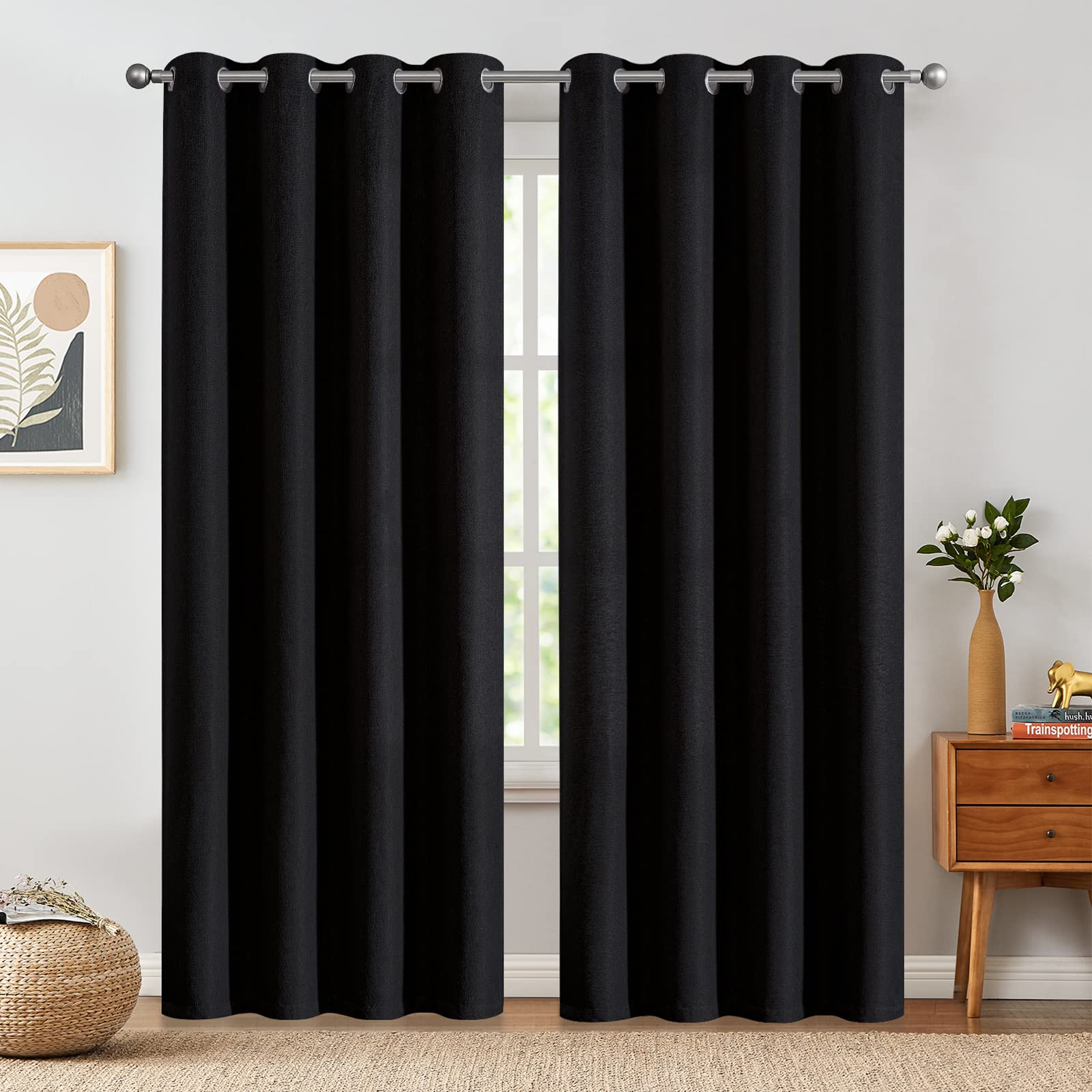jinchan Linen Textured 85% Blackout Curtain 84 Inch Long for Bedroom Living Room Thermal Insulated Grommet Top Window Drape 52x8