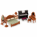OLEOCA Family Deluxe Dollhouse Bedroom Set - Bed & Bedspread, Piano & Bench, Vanity, Nightstand, Floor Mirror, Chair, Lamp & Coa