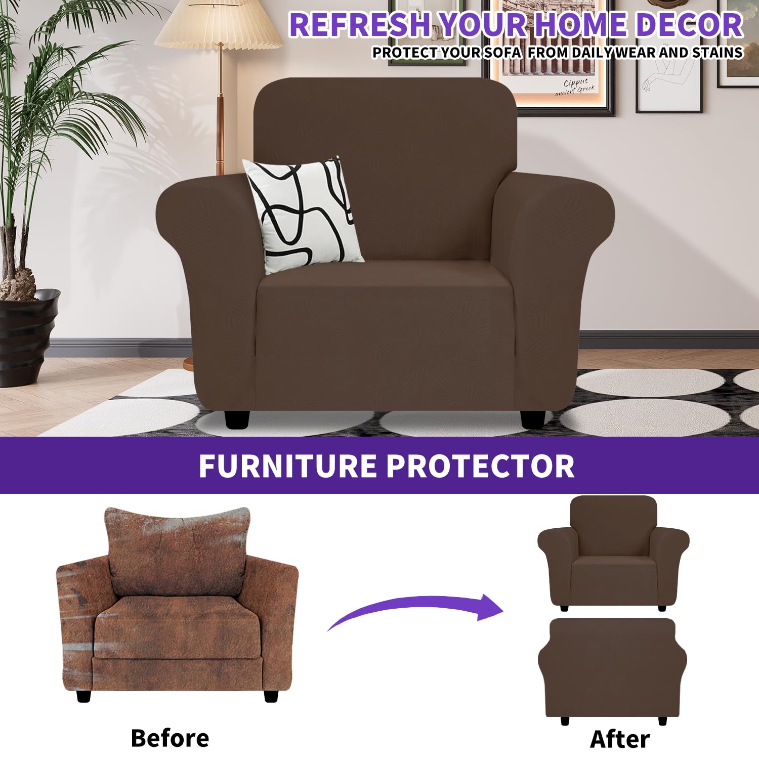 Znsayotx Chair Cover With Arms (31'-46'), New Striped Sofa Chair Covers For Living Room, Dogs Pet Friendly Anti-Slip Chair Protector Spandex Armchair Slipcovers (Coffee, Chair)