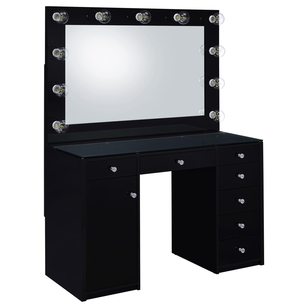 Coaster Home Furnishings Acena Contemporary 2-Piece 7-Drawer Makeup Vanity Desk for Bedroom with Hollywood Vanity Mirror with Storage Cabinet Black High Gloss 931144