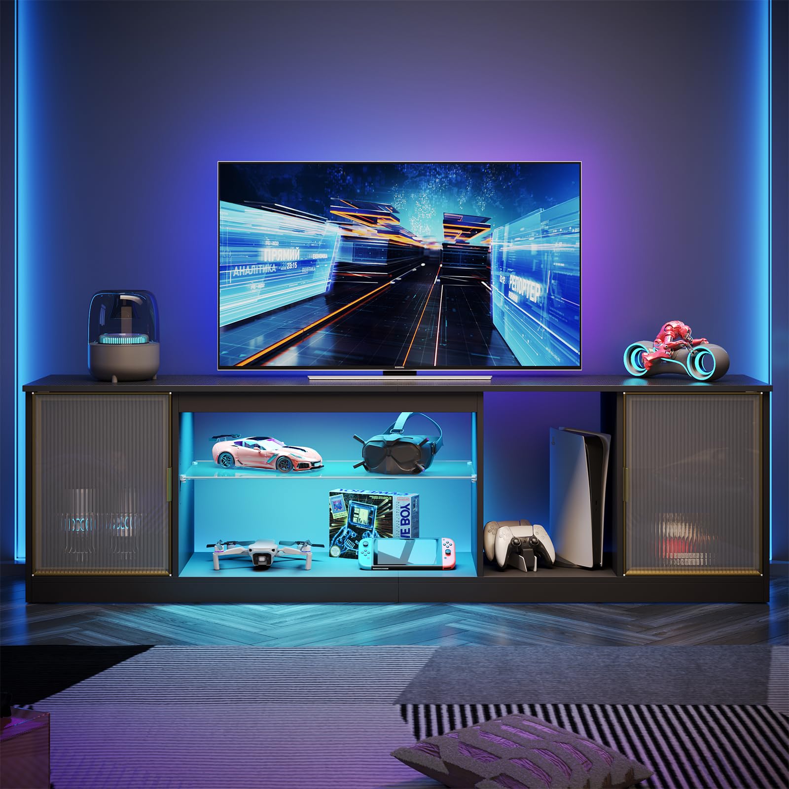 Bestier LED Gaming TV Stand for 80 inch TV, Large Entertainment Center with Storage Cabinet for PS5 Xbox, TV Console for Living 