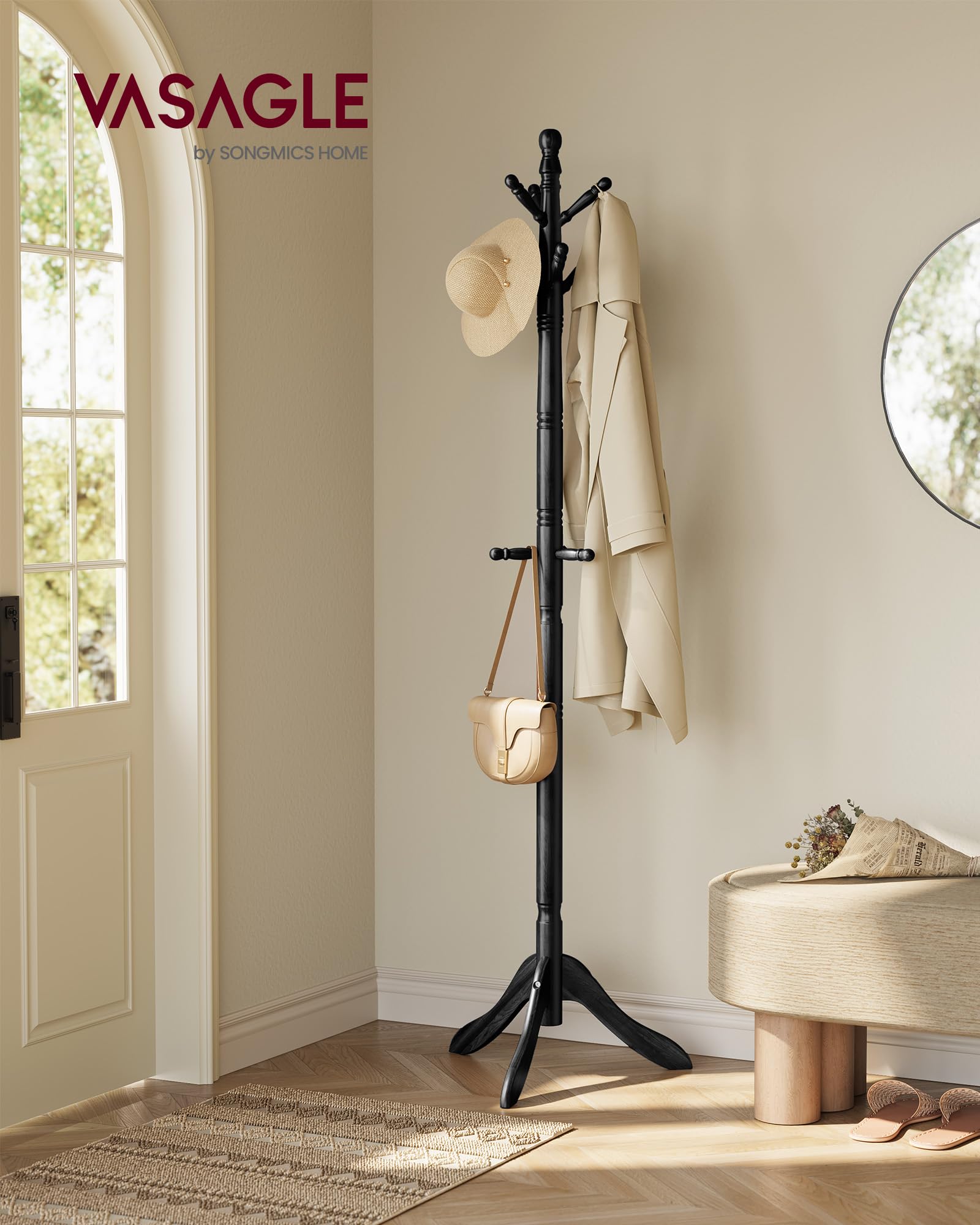 Vasagle Solid Wood Coat Rack And Stand, Free Standing Hall Coat Tree With 10 Hooks For Hats, Bags, Purses, For Entryway, Hallway, Rubberwood, Ink Black Urcr003B01