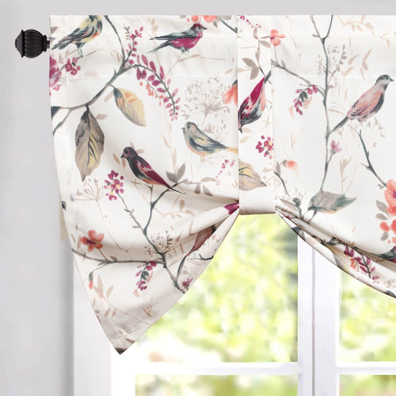Vogol Decorative Tie Up Curtains For Nursery Girls Room, Pink Birds And Floral Print Small Window Curtain Valance Top Pocket Tie