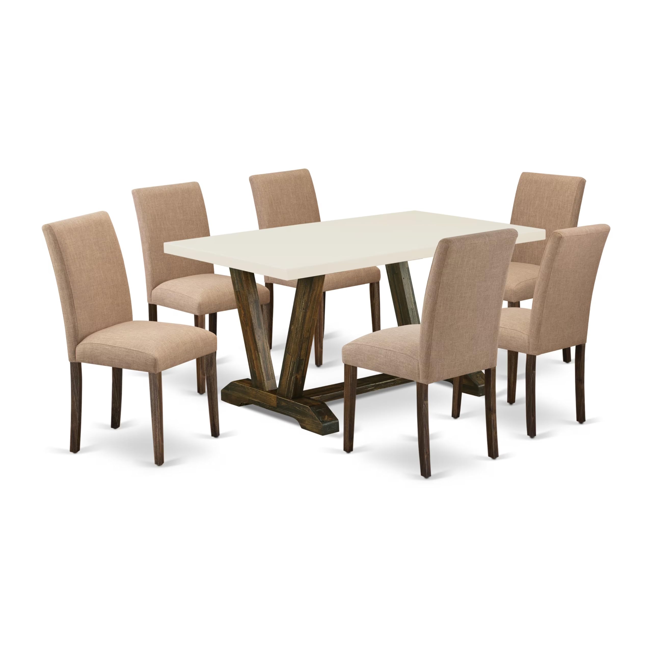 East West Furniture V726Ab747-7 7 Piece Modern Dining Table Set Consist Of A Rectangle Wooden Table With V-Legs And 6 Light Sable Linen Fabric Parsons Dining Chairs, 36X60 Inch, Multi-Color