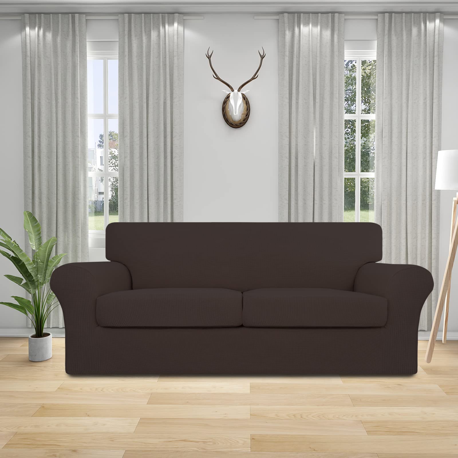 Easy-Going 3 Pieces Stretch Oversized Loveseat Couch Cover For 2 Cushion Couch Sofa Cover For Dogs Washable Sofa Slipcover Elastic Furniture Protector For Pets (Chocolate, Oversized Loveseat)