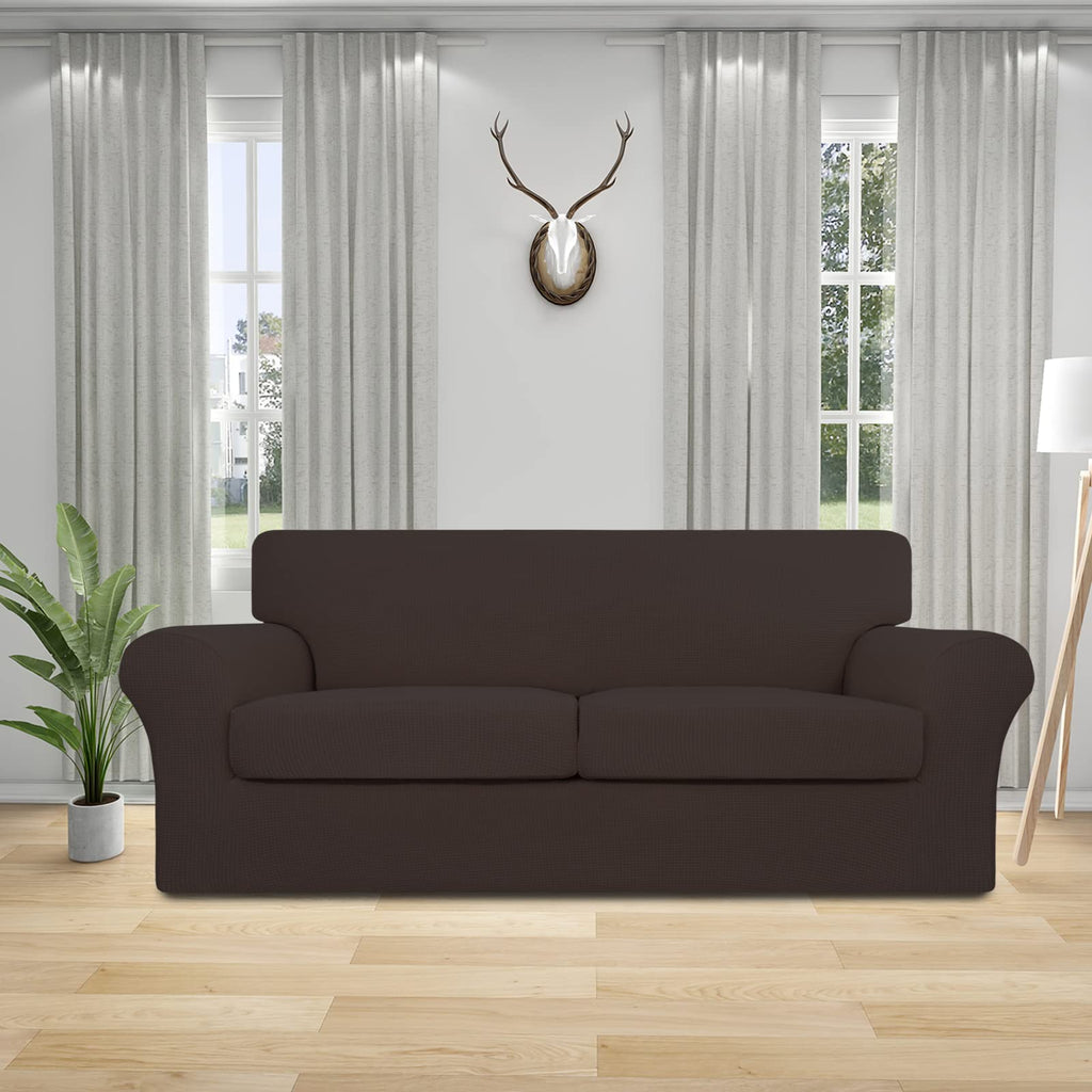 Easy-Going 3 Pieces Stretch Oversized Loveseat Couch Cover For 2 Cushion Couch Sofa Cover For Dogs Washable Sofa Slipcover Elastic Furniture Protector For Pets (Chocolate, Oversized Loveseat)