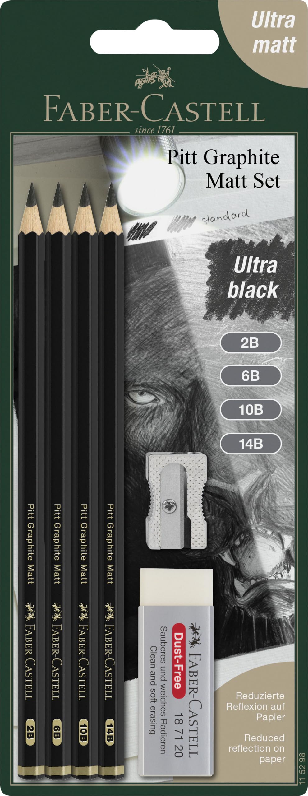 Faber-Castell Pitt Graphite Matt Pencils Set, Includes 4 Pencils 2B, 6B, 10B, 14B, Rubber Eraser And Pencil Sharpener, Ideal For