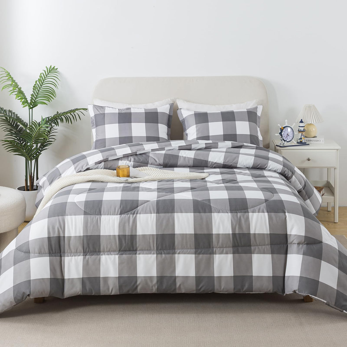 Caressma Plaid Comforter Set Twin, White Gray Buffalo Check Plaid Comforter Bedding Set For All Seasons, Farmhouse Classic Gingh