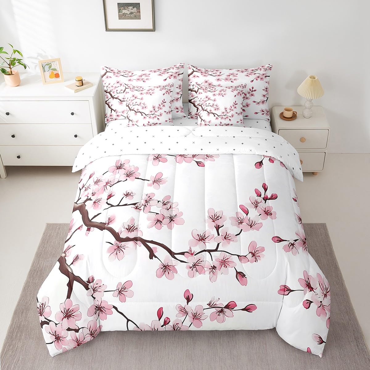 Feelyou Kids Cherry Blossoms Comforter Set Queen Size 7 Pieces Spring Sakura Flower Bedding Set Japanese Style Floral Botanical 